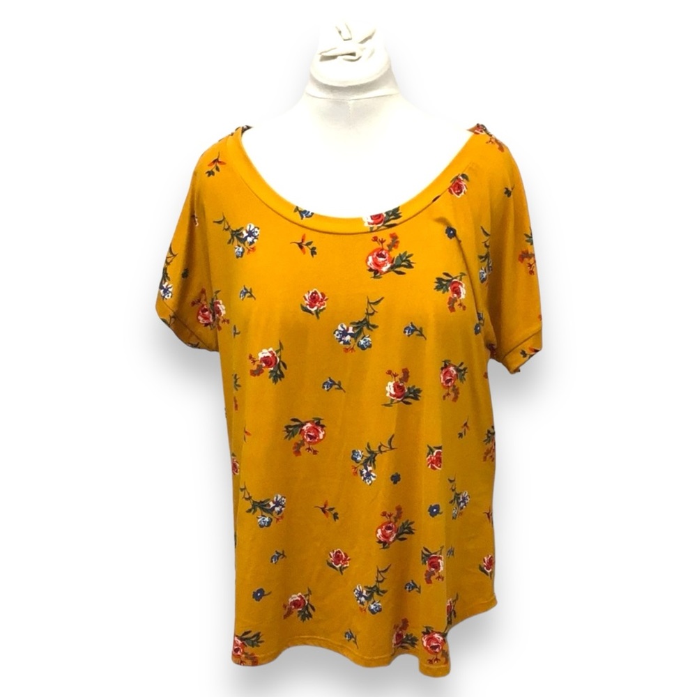 BAE City Women’s Short Sleeve Scoop Neck Tunic, Mustard Floral, size 3X